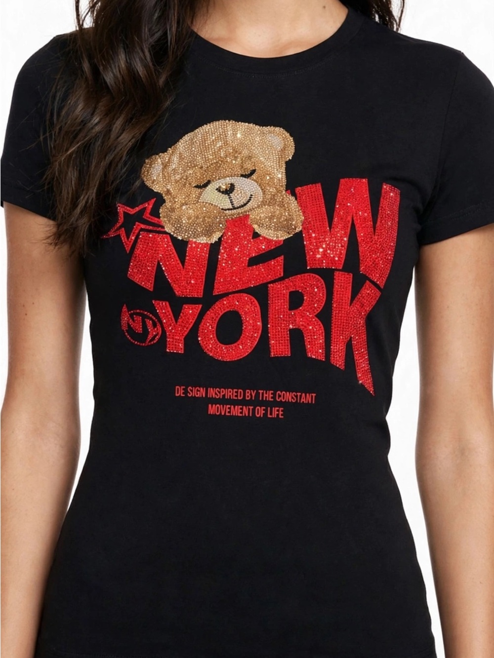 Black Tee with Gold Teddy and Red 'NEW YORK' Graphic